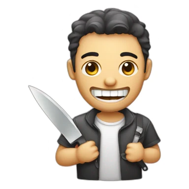 a program developer holding a knife with his teeth sticker