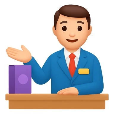 a friendly salesman at a counter, gesturing to a product, colorful vector style sticker