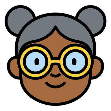 african american girl head with oversize glasses and gray hair in bunches, color outline icon sticker