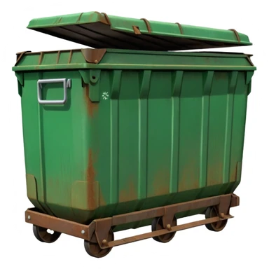 a green closed dumpster, No trash, BOTH THE LIDS CLOSED sticker