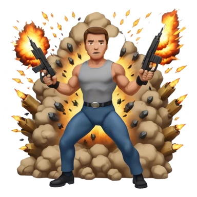 Icon for Action Movies: Arnold Schwarzenegger in the lead role, in an intense action pose with weapons, explosions, and dramatic background. The design should evoke the classic action movie feel with muscle-bound heroes and high-energy sequences. Transparent background. sticker