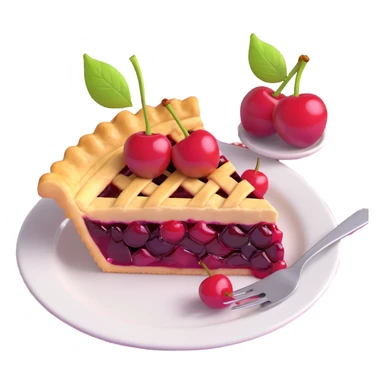 Exact copy of a slice of cherry pie with golden crust and glossy cherry topping, on a plate with a fork, two cherries in the background, same arrangement and details as reference, no text or watermark, checkered tablecloth background, in 3D iOS 18 emoji style. sticker
