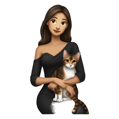 Beautiful skinny woman long dark brown hair in dark dress with earrings hug bengal cat sticker