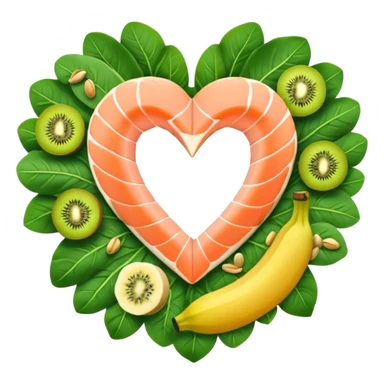 Banana, spinach leaves, salmon, kiwi, pistachios, and orange juice floating in a circle around a glowing heart that pulses with steady rhythm. Waves of electrical energy connect the foods to the heart, muscles, and nerve pathways, showing how potassium regulates fluid balance and electrical signals. sticker