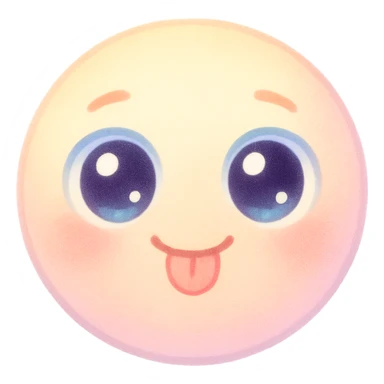 cute emoji, round face, big sparkling eyes, tiny tongue sticking out, playful, pastel colors sticker
