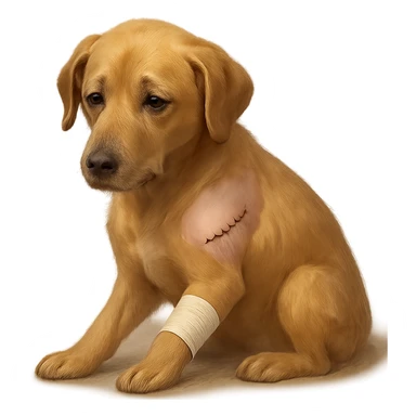 dog with a shaved patch and a bandage, looking tired, showing signs of recent surgery, gentle and caring atmosphere sticker