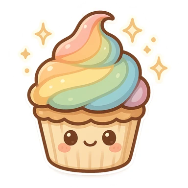 chibi sticker-style cupcake with rainbow frosting and sparkles, pride, cute and exaggerated sticker