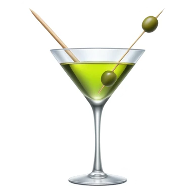martini glass with completely colorless transparent liquid like pure water, with a green olive at the bottom skewered by a toothpick sticker