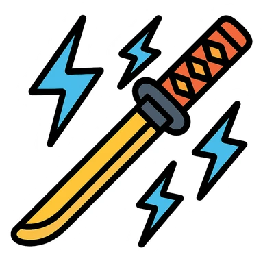 katana surrounded by blue lightning bolts, stylized, energetic, icon style sticker