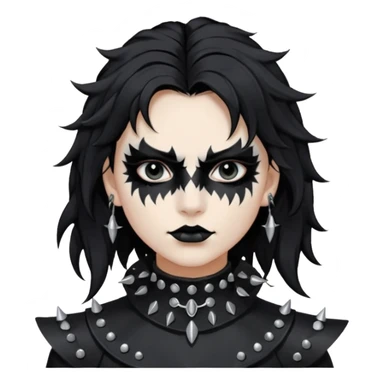 Crea una ragazza con stile black metal,  paint face black metal, capelli neri, mossi dalle spalle e occhi bianchi e un collare con borchie a punta sticker