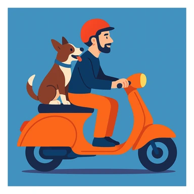 vector art of a man and his pet dog riding a vespa, for website design  sticker