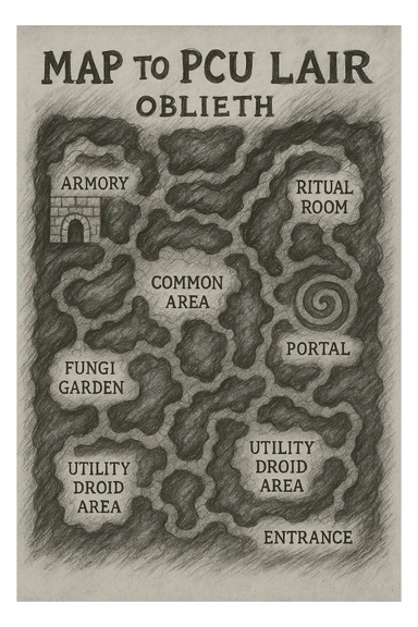 a hand drawn map of how to navigate the Oblieth cave system to find the PCU Lair sticker