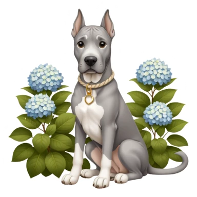 Gray Great Dane with natural ears white rope collar and rope Leash with gold accents sotting near a white hydrangea bush  sticker