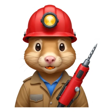 a mole rat with drill, red helmet, headlamp sticker