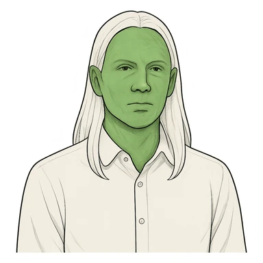 a man with slime green skin, wearing a white shirt, with long straight white hair, neutral expression, upper body view sticker