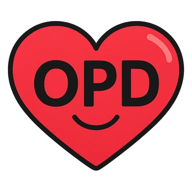 Convert the red heart with 'OPD' text into a simple emoji style, preserving the heart shape and keeping the 'OPD' text clear and legible. Maintain a transparent background. The style should resemble classic emoji aesthetics with clean lines and bright colors. sticker