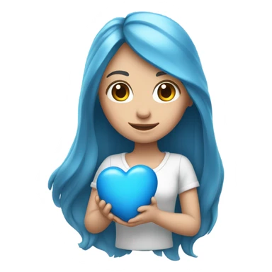 white girl with long blue hair holding a blue heart sticker
