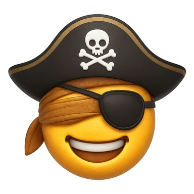 Add an eye patch over the blindfold for the pirate captain. Keep the pirate hat and smiling expression. Render in emoji style with transparent background. sticker