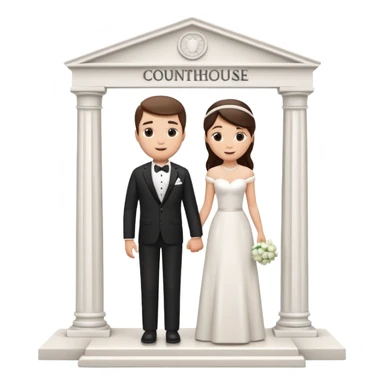 A 3D cartoon courthouse wedding venue with a bride and groom standing at the entrance, elegant white columns, soft natural lighting, simple modern decor, minimal background, realistic Memoji-style rendering. sticker