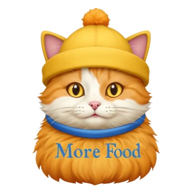 Make cat wearing cute hat that are yellow and has blue text that says More food!!! sticker