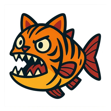 piranha with tiger stripes and feline ears, cartoon style sticker