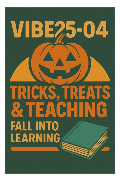 Create a logo that encompasses a retro 80's feel, nostalgic, ALSO RETRO.  Add the words "VIBE25-04: Tricks, Treats & Teaching: Fall Into Learning" sticker