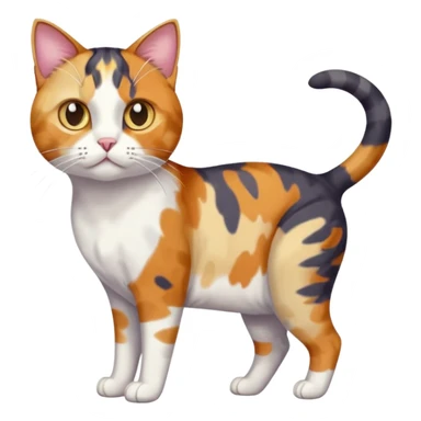 full body anxious looking colourful patchy calico tabby cat with tiny head to large body with fully white front legs sticker