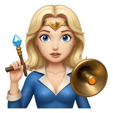 Blonde blue eyes Wonder Woman holding bell and short white orchestra conductor’s baton  sticker