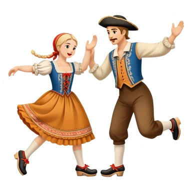 Cinematic Realistic scene of two performers executing the Klompendans, dressed in traditional Dutch costumes complete with wooden clogs and detailed folk patterns, captured in lively motion with soft, natural lighting sticker