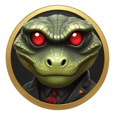 Reptilian with red laser eyes in black suite on the golden coin sticker