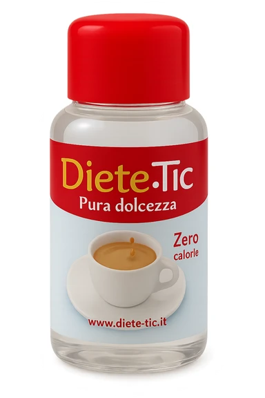BOCCETTA DI DOLCIFICANTE LIQUIDO CON LA SCRITTA "DIETE-TIC" SULL'ETICHETTA FLUTTUA IN ARIA sticker