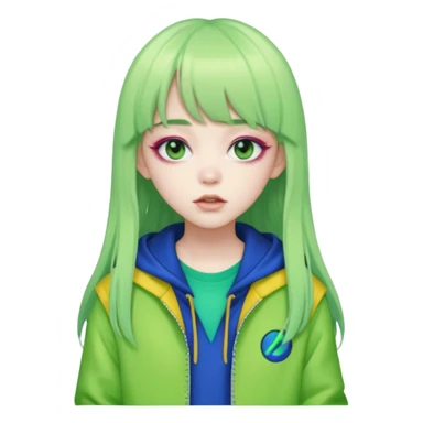  portrait-of-a-green alien-k-pop-idol,-wearing-a-stylish-streetwear-outfit-with-layered-colorful-clothing,-long-hair-with-bangs,-makeup,- sticker