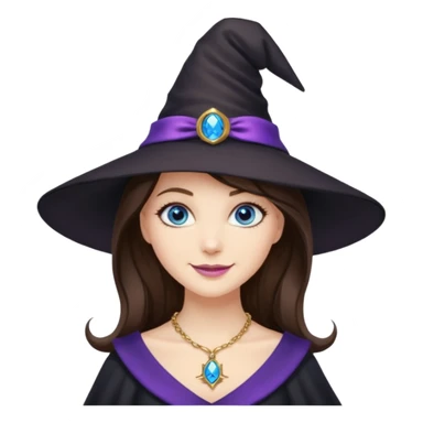 Witchy brunette haired blue eyed white girl with a witty smile a gold necklace and a black witch hat with a purple bow sticker