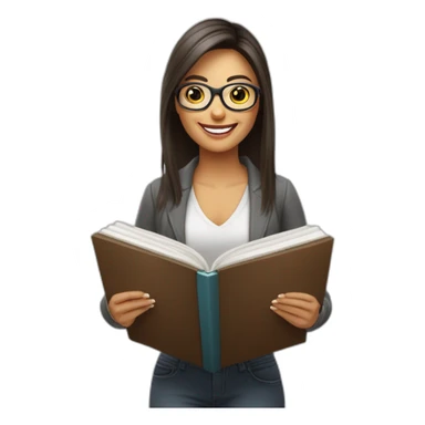 Mujer cabello corto çon lentes, sonriendo con un libro de marketing en la mano sticker