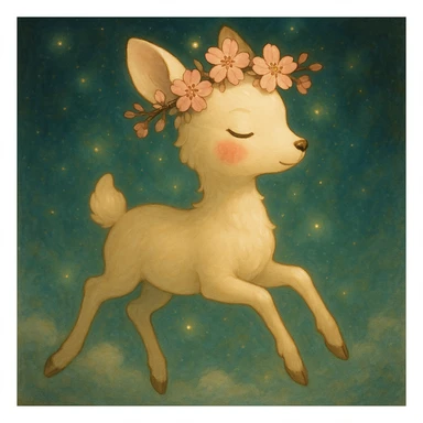 Enhance this feminine adult vanilla cloud doe with rosy cheeks and cherry flowers, floating gracefully in a dreamy Ghibli style. Make the colors richer, the lines softer, and the cherry flowers more detailed. Add a magical glow and elegant highlights, keeping the look whimsical, refined, and enchanting. sticker