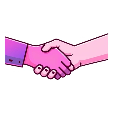 handshake, transparent glass with bright pink gradient from #FF335F to #FF99AA, soft glow and shadows, minimalistic sticker