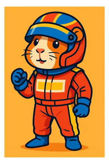 guinea pig in a Formula 1 racing suit and helmet, full body, detailed cartoon sticker