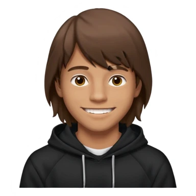 20 yr old man, brown hair, straight, big smile, white teeth, tanned skin, bangs, black hooded sweatshirt, long hair in back, middle parted bangs sticker
