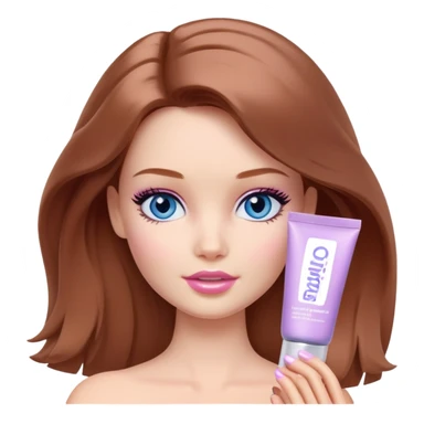 Barbie girl Chestnut Shoulder-length hair and blue eyes is In pale purple smears by hand cosmetic cream on her face sticker