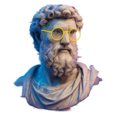 Greek marble bust, curly hair and beard, neon yellow round glasses, digital glitch effects, cyberpunk futuristic, centered, ultra-detailed, soft shadows, clean edges, transparent background sticker