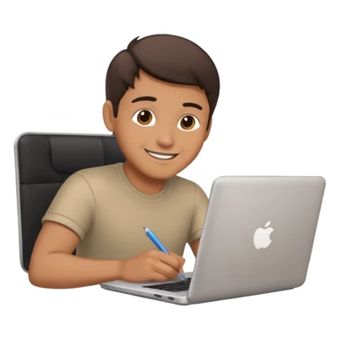man looking at laptop and writing and smiling sticker