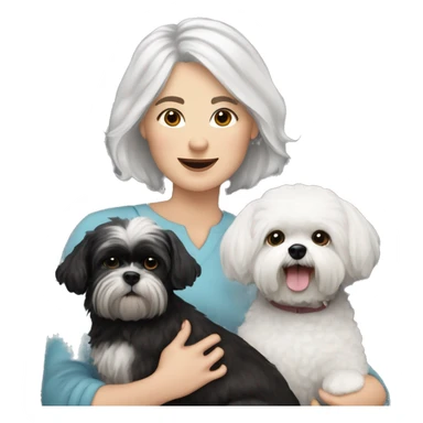 White women with short grey hair holding two dogs one black shih tzu and one white bichon frise sticker