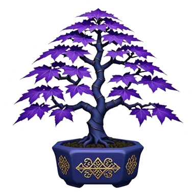  small short cascading black indigo bonsai pot plant purple  filigree-leaf maple tree with triangular angular multi-hexagon faceted asymmetrical originally shaped pot sticker