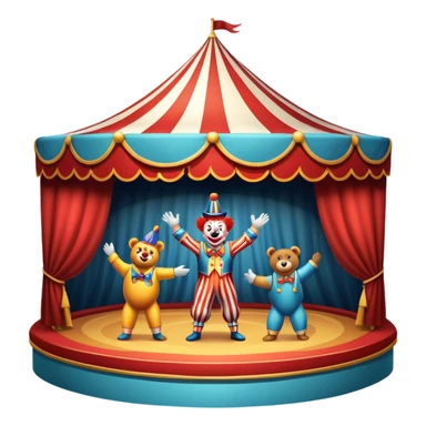 Professional icon for Circus Arts: a dynamic circus stage with acrobats in mid-performance, a clown and trained performing bears. The icon should convey the skill and excitement of the circus, with precise details on costumes, props, and the arena setting. Transparent background. sticker