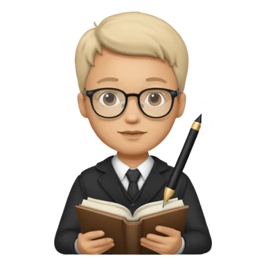 man hold a pen in hand write in book , wearing glasses sticker