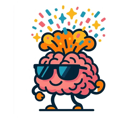 brain character in shades, upper part exploding in a cloud of confetti and sparkles sticker