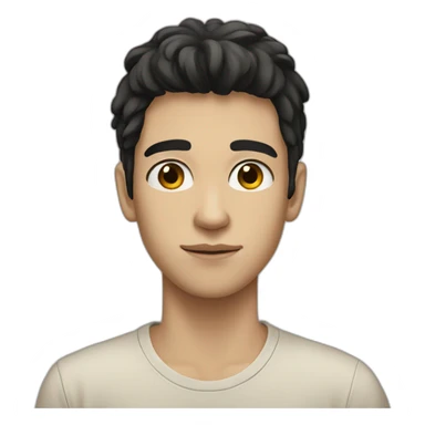 realistic white teenager.  he has black hair, he has black eyes, he also has a beige T-shirt, he is tall, he has an elongated neck and head sticker