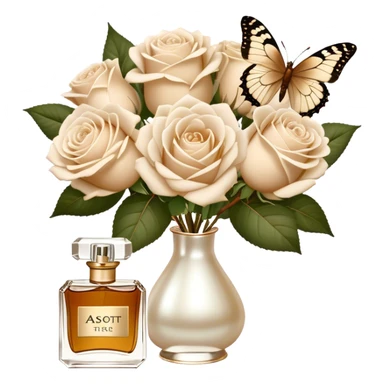 A bouquet of white Ascott tea roses next to a beige aesthetic and a brown beautiful butterfly and a gold silk ribbon and a beautiful flacon of aesthetically pleasing vintage-style perfume in pearl color sticker