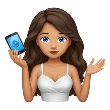Girl with olive skin, blue eyes, brown dark insanely wavy long hair, white camisole, left hand palm up server style sticker