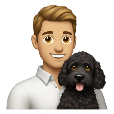 clean-shaven straight-haired brunette man holding black labradoodle sticker